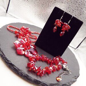 WOW!!! RED AURORA BOREALIS CRYSTALS FLOWER NECKLACE, BRACELET & EARRINGS SET 71